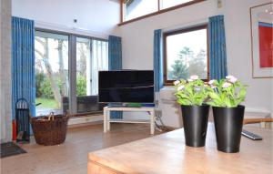 ジルレジェにあるAmazing Home In Gilleleje With 3 Bedrooms, Sauna And Wifiのリビングルーム(テーブルに花を飾った黒い花瓶2本付)