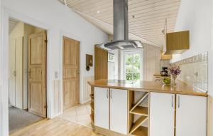a kitchen with white cabinets and a wooden ceiling at Holiday Home Flyndervej Tarm I in Hemmet