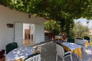 a patio with tables and chairs under a tree at Guest House Oreb in Koločep