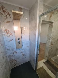 uma casa de banho com um chuveiro e uma porta de vidro em Casa Particular das Pedras em Vila Nova de Gaia