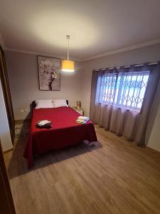 a bedroom with a red bed and a window at Casa Particular das Pedras in Vila Nova de Gaia +25 photos