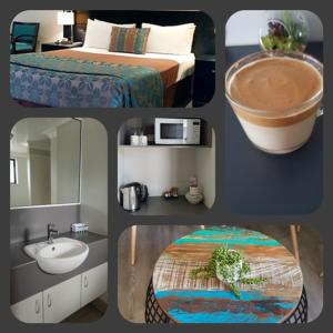 a collage of pictures of a bathroom and a bedroom at Royal Motel Miles in Miles