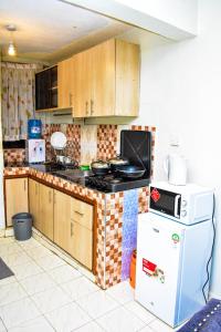 a kitchen with a stove and a refrigerator at Unique, Stylish Studio Apartment in Kisumu