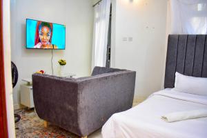 a living room with a couch and a tv on the wall at Unique, Stylish Studio Apartment in Kisumu