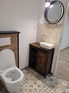La salle de bains est pourvue de toilettes et d'un lavabo. dans l'établissement maison des vendangeurs, à Villarzel-Cabardès