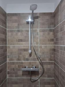 La salle de bains carrelée est pourvue d'une douche avec un tuyau. dans l'établissement maison des vendangeurs, à Villarzel-Cabardès