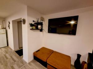 a living room with a couch and a tv on the wall at Cabana Porolissum in Moigrad