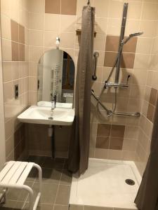 een badkamer met een wastafel en een douche met een spiegel bij Gite, l'Epicerie d'Epreville in Épreville-en-Roumois