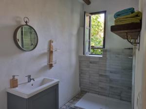 y baño con lavabo, espejo y ducha. en La Molina - casas independientes en naturaleza excepcional en Setenil