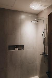 a shower with a glass door in a bathroom at Grand Central Premier in Medan