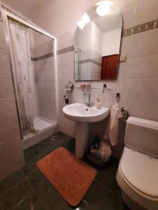 a bathroom with a sink and a toilet and a mirror at TIZA Apartments in Vantačići