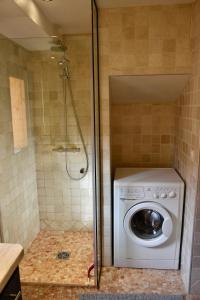 eine Waschmaschine im Bad mit Dusche in der Unterkunft Appartement 6 personnes, les 3 vallées, près des Thermes in Brides-les-Bains
