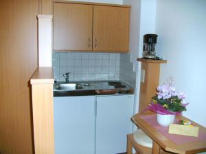 uma pequena cozinha com um lavatório e uma mesa em Haus Brandner em Tröpolach