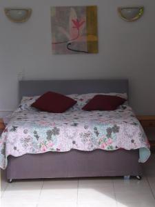 a bed with two red pillows on top of it at Sans Souci in Cahuzac