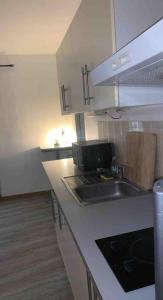 eine Küche mit einer Spüle und einer Arbeitsplatte in der Unterkunft Charmant appartement 2 chambres dans le centre historique in Orange