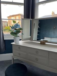 a dresser with a mirror and a potted plant on it at Complete Osborne House by Prescott Apartments in Bristol
