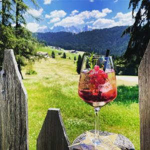 een glas wijn met uitzicht op een veld bij Hotel Landgasthof Lärchenwald in Collepietra