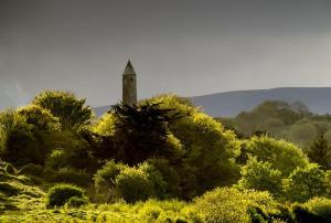 una torre dell'orologio in mezzo a un campo di alberi di Island Winds Along The Atlantic Way a Killala