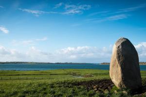 un rocher assis dans un champ à côté d'une masse d'eau dans l'établissement Island Winds Along The Atlantic Way, à Killala