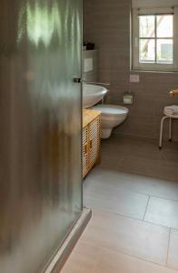 uma casa de banho com um WC e um lavatório em Gasthaus Dubkow Mühle em Leipe