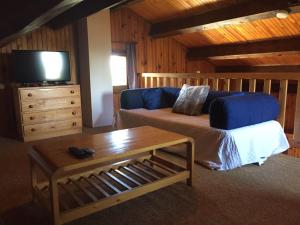 a living room with a blue couch and a tv at Chalet La Campagnette in Eyne
