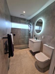 a bathroom with a toilet and a shower and a sink at Hidden Valley Waiheke in Palm Beach