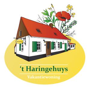 una casa con techo rojo y flores en 't Haringehuys, en Poperinge