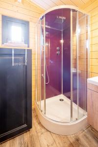 La salle de bains est pourvue d'une douche avec une porte en verre. dans l'établissement Camping Au pays de Hanau, à Dossenheim-sur-Zinsel