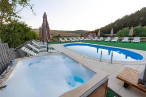 ein großes Schwimmbecken mit Liegestühlen und einem Sonnenschirm in der Unterkunft Moon House in Cluj-Napoca
