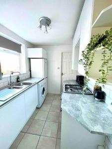 een witte keuken met een wastafel en een fornuis bij Close to city centre-Quayside bright apartment in Gateshead