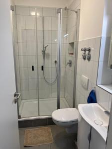 a bathroom with a shower and a toilet and a sink at Basement Küchgarten in Hamburg