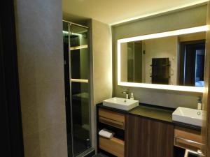 La salle de bains est pourvue d'un lavabo et d'un miroir. dans l'établissement Woodside Kopaonik AAC, à Raška