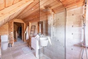 ein Bad mit einem WC, einem Waschbecken und einer Dusche in der Unterkunft Chalet Massada vue sur les pistes au coeur de Vallberg - Piscine - Chalet Standing - Jacuzzi - Wifi in Péone