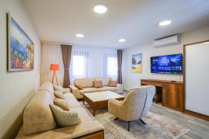 a living room with a couch and a tv at Old House Apartment in Prishtinë