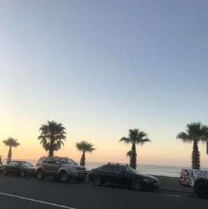 três carros estacionados ao lado de uma estrada com palmeiras em Mouille Point Villa Capri na Cidade do Cabo