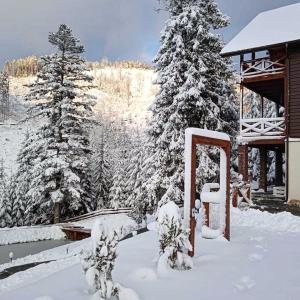 um quintal coberto de neve com árvores e uma cabana em Villa Debryanets em Rozhanka Nizhnyaya