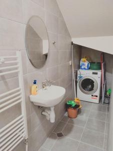 een badkamer met een wastafel en een wasmachine bij Villa Tangra in Grashtitsa