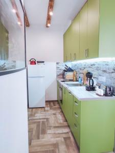 a kitchen with green cabinets and a white refrigerator at Villa Tangra in Grashtitsa