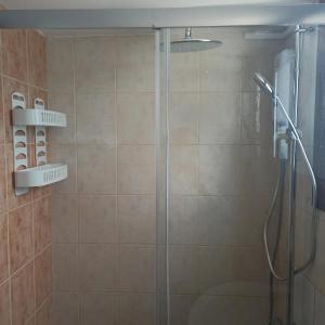 baño con ducha y puerta de cristal en Nicosia Luxury Studio, en Nicosia