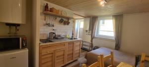 a small kitchen with a sink and a microwave at Apartmány Mamut Harrachov in Harrachov