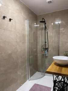 a bathroom with a shower and a sink at Südalinna apartment in Kuressaare