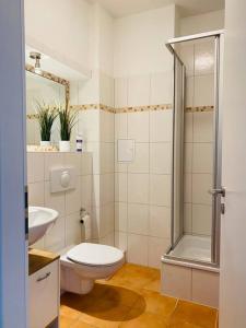 La salle de bains blanche est pourvue d'une douche et de toilettes. dans l'établissement AKK4 - Apartment MD Zentrum nähe Uni und Hbf, à Magdebourg