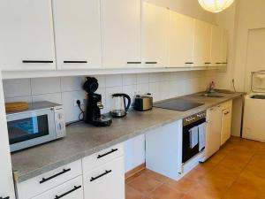 a kitchen with white cabinets and a microwave at AKK4 - Apartment MD Zentrum nähe Uni und Hbf in Magdeburg