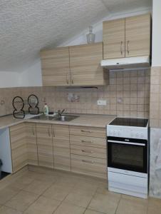 een keuken met houten kasten en een witte kookplaat bij Apartmán U Švejdy in Skuhrov nad Bělou