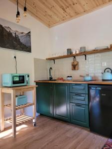 a kitchen with green cabinets and a counter top at Domek nad Zegrzem in Arciechow
