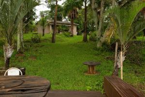 un cortile verdeggiante con tavolo, panca e palme di Chacara com WiFi de frente a lagoa em Betim MG a Betim