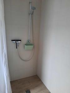 a shower in a bathroom with a hose on the wall at Ferienwohnung Heiming in Saarburg