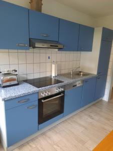 a kitchen with blue cabinets and a sink at Ferienwohnung Heiming in Saarburg