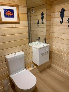 uma casa de banho com um WC branco e um lavatório. em Truly Kentish Holiday Lets em Kent