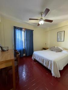 een slaapkamer met een bed en een plafondventilator bij Departamento Familiar Amplio y Luminoso en Rafaela in Rafaela